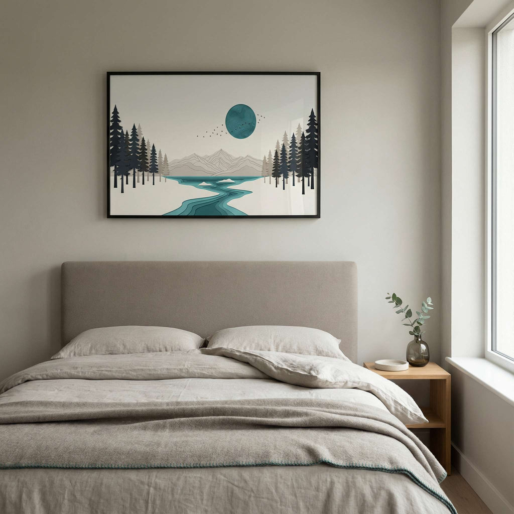 Teal Disc River, bedroom wall art mockup above headboard, calm neutral styling with framed teal river landscape printable artwork.