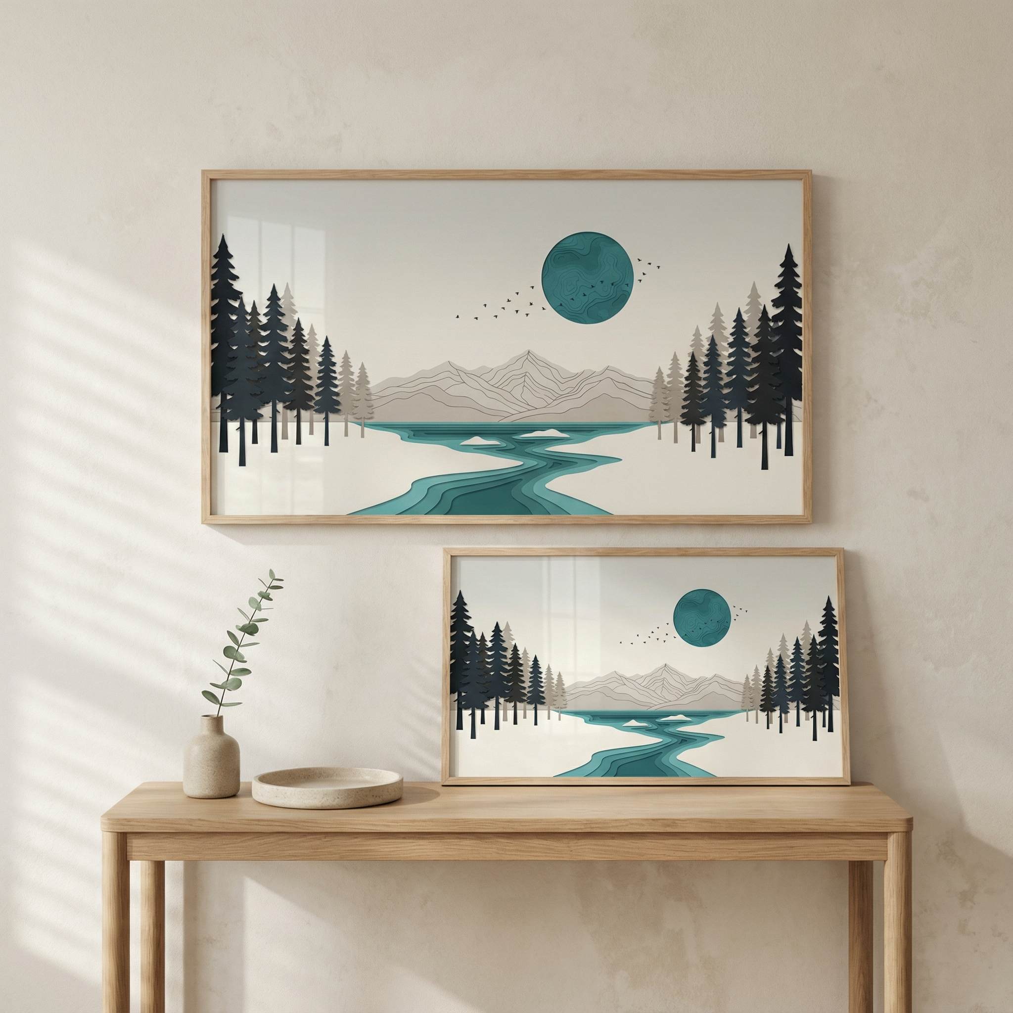 Teal Disc River set styling mockup with multiple frames on neutral wall, curated gallery arrangement, printable landscape wall art as hero.