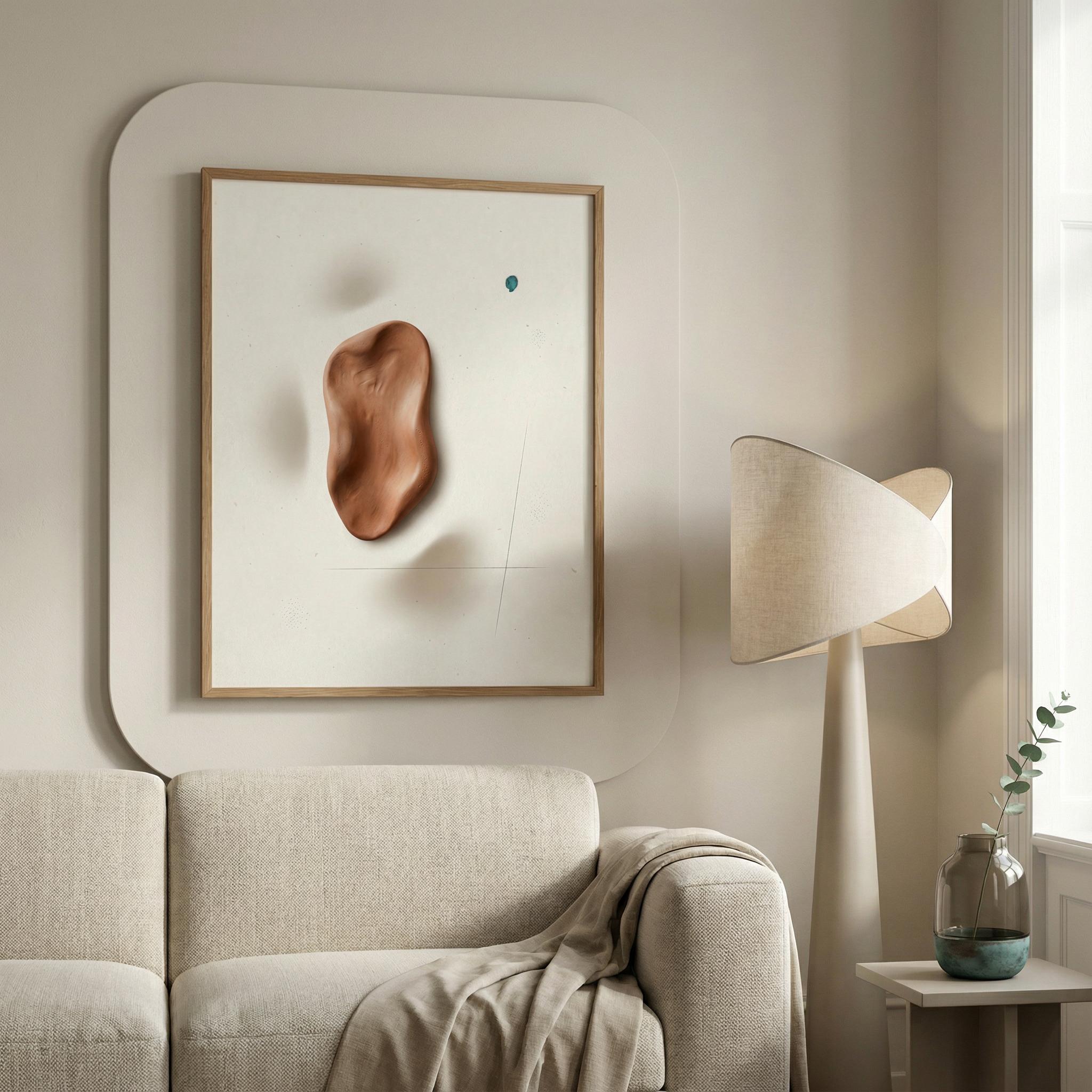 Framed “Terracotta Relief Drop” abstract wall art above a neutral sofa, warm limewash wall, terracotta clay relief with a subtle patina blue accent.