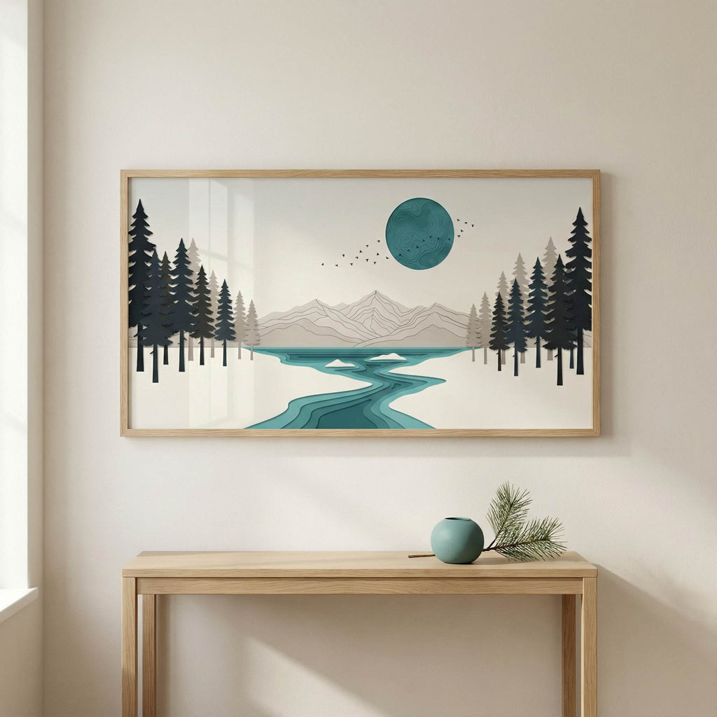 Teal Disc River framed printable wall art mockup above oak console, modern neutral living room, teal disc and river collage landscape.