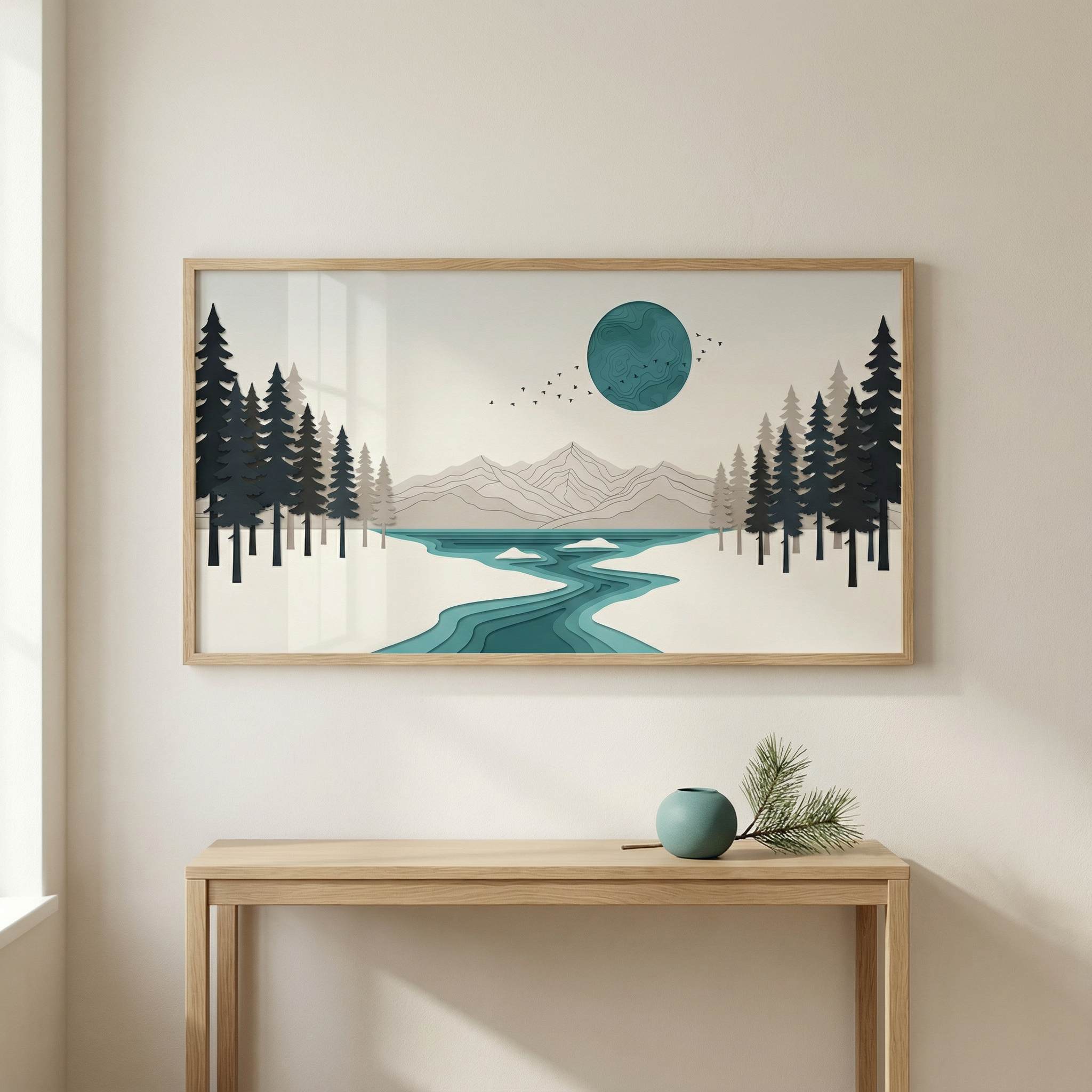 Teal Disc River framed printable wall art mockup above oak console, modern neutral living room, teal disc and river collage landscape.