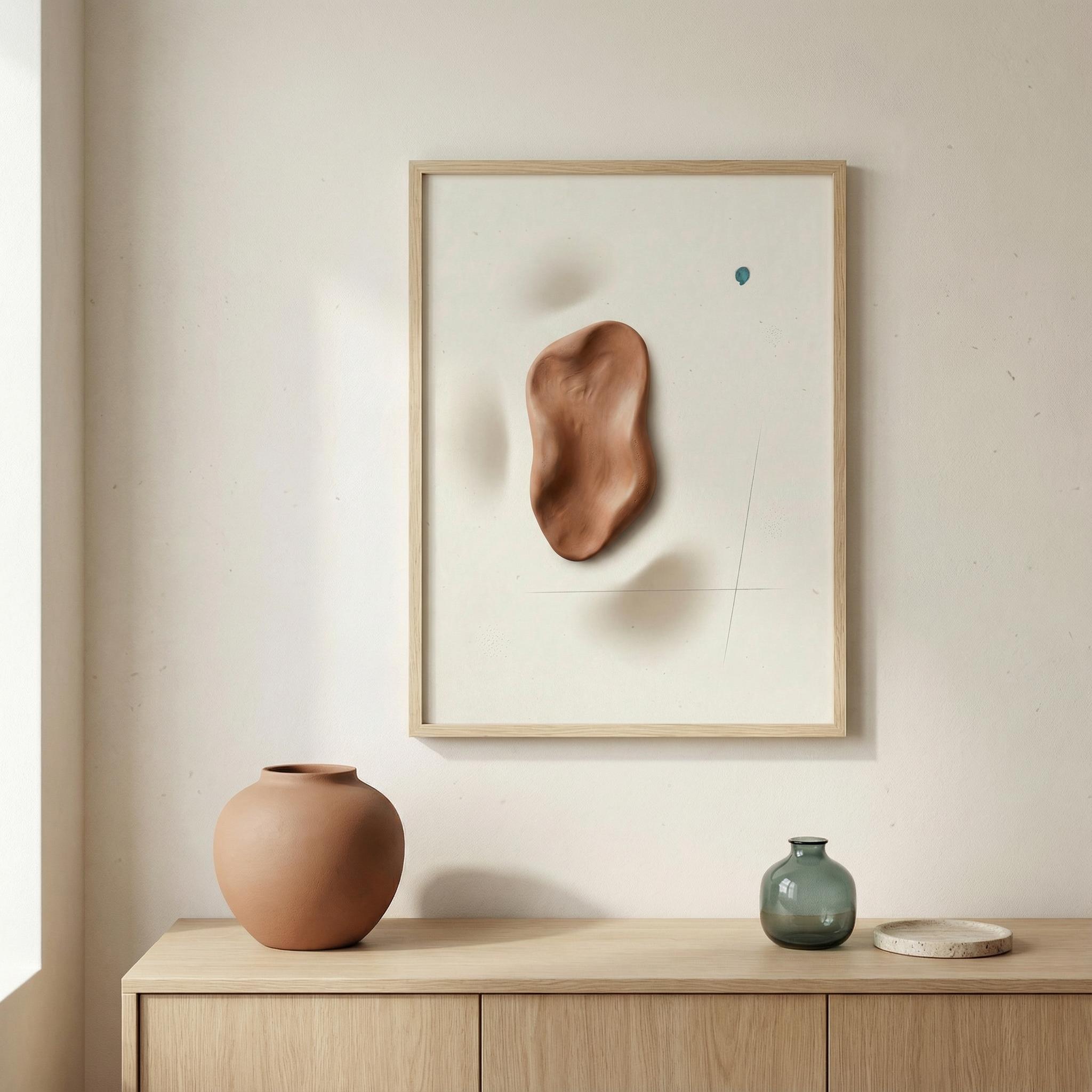 Scale proof mockup of the “Terracotta Relief Drop” framed print in a minimalist living room, showing realistic size, spacing, and hanging height above furniture.