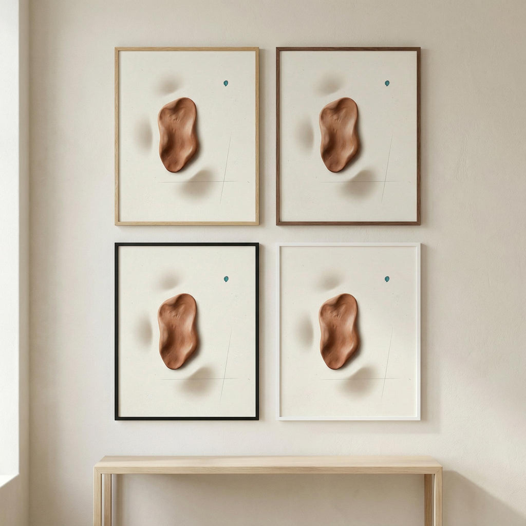 Bedroom mockup with “Terracotta Relief Drop” framed abstract print above an upholstered headboard, calm neutral linen bedding, soft terracotta accents, minimalist decor.