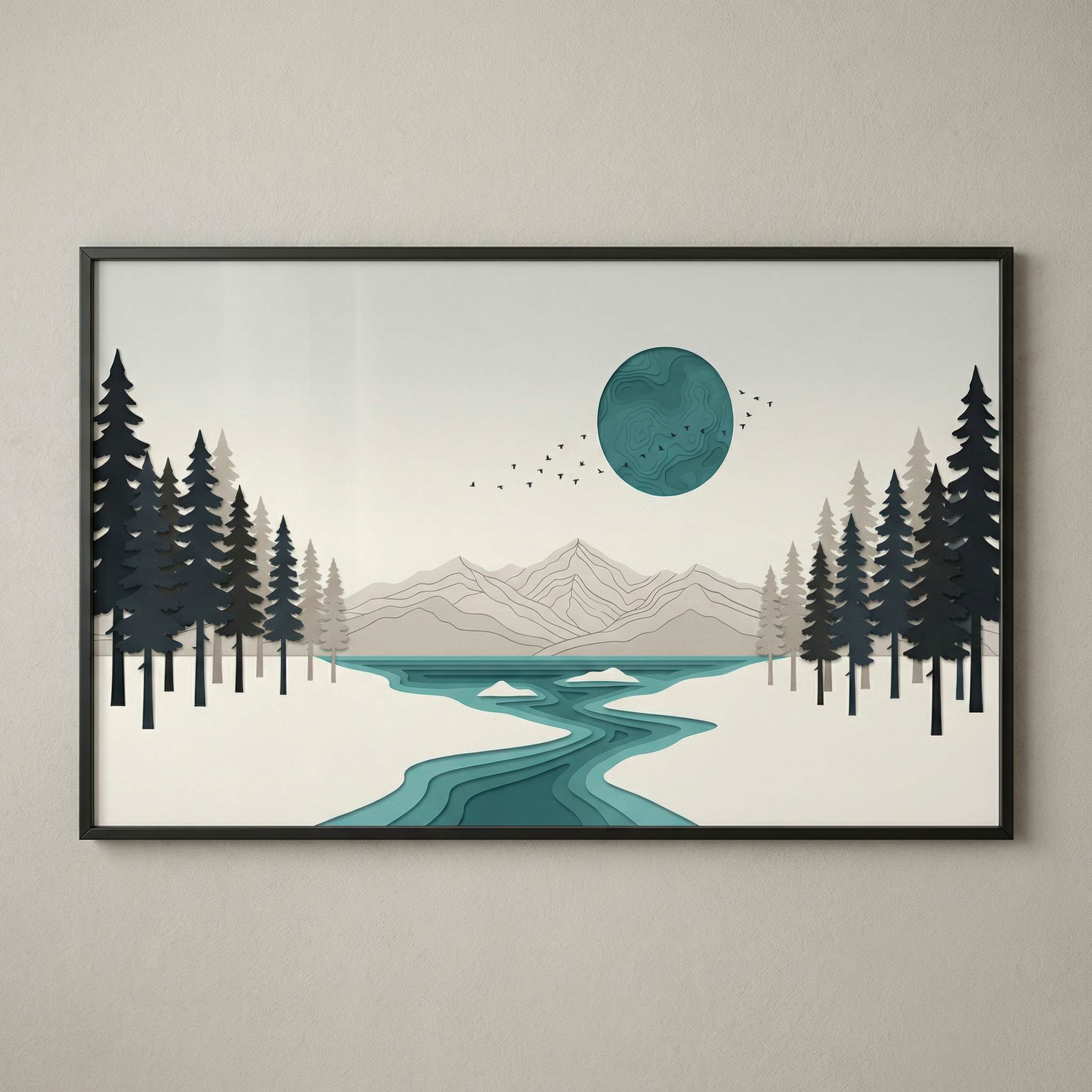 Teal Disc River colour-accurate mockup in neutral daylight, framed printable landscape wall art, true teal tones on warm off-white wall.