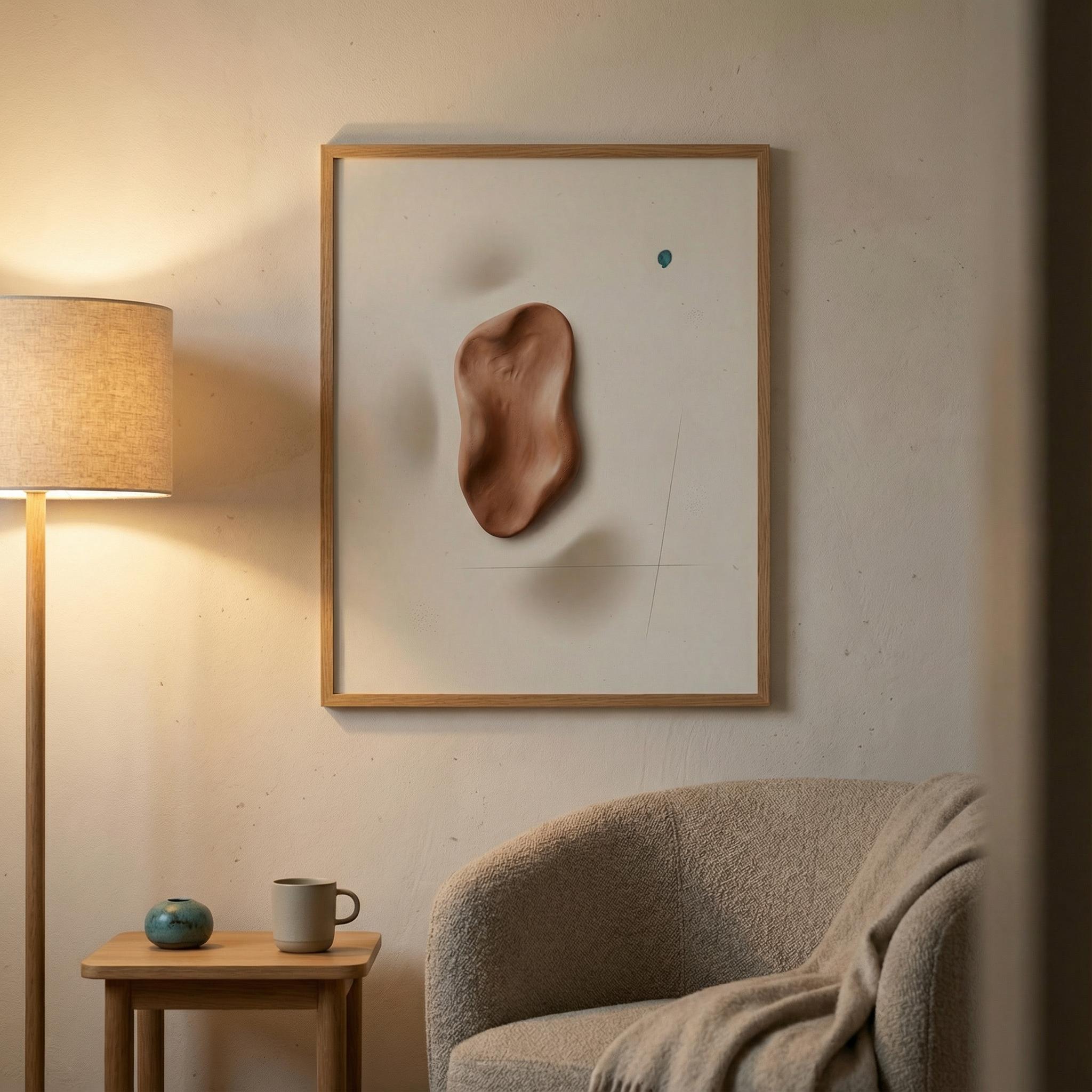 Evening mood mockup of “Terracotta Relief Drop” framed print with warm lamp glow, cosy minimalist room styling, colours protected and reflections kept subtle.