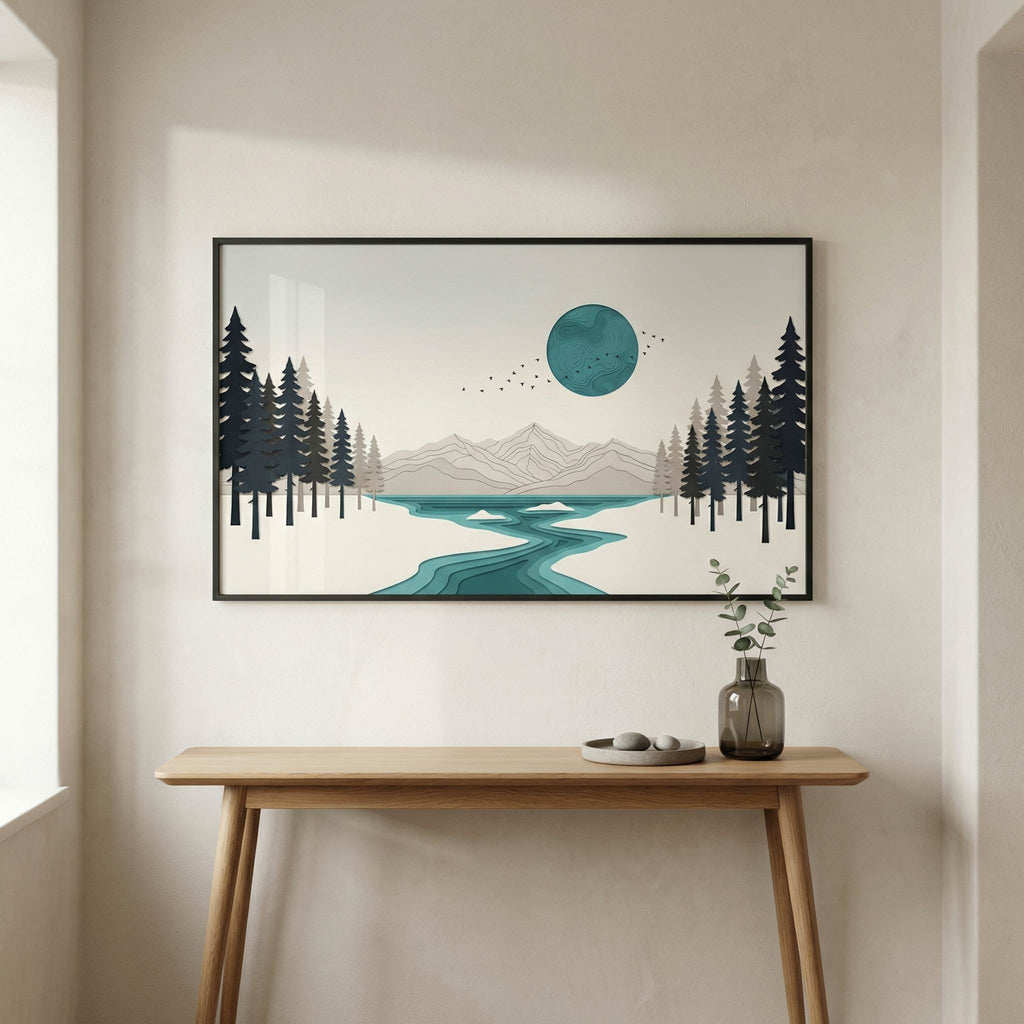 Teal Disc River hallway mockup, framed printable landscape wall art on clean neutral wall, modern entryway styling, calm minimal decor.