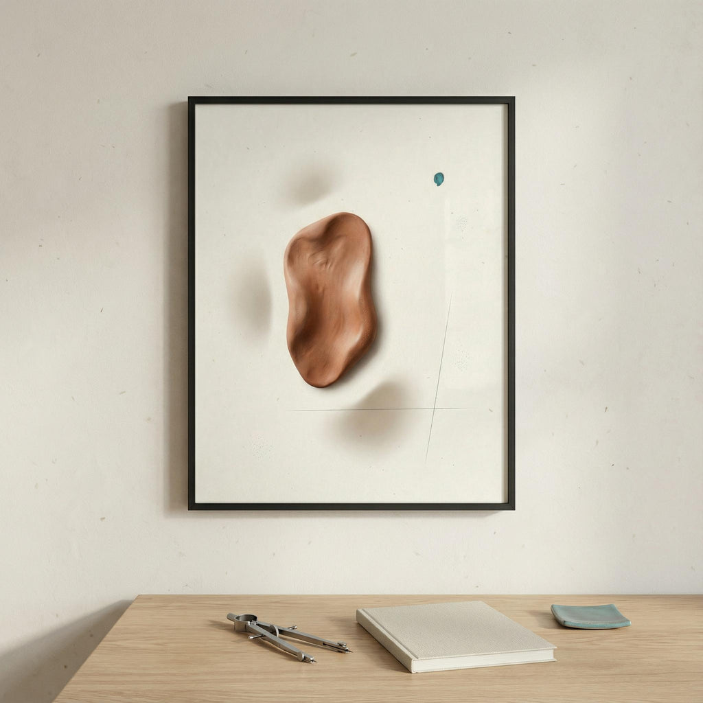Home office mockup of “Terracotta Relief Drop” in a slim frame above an oak desk, minimalist studio styling with subtle design tools and a muted patina accent.