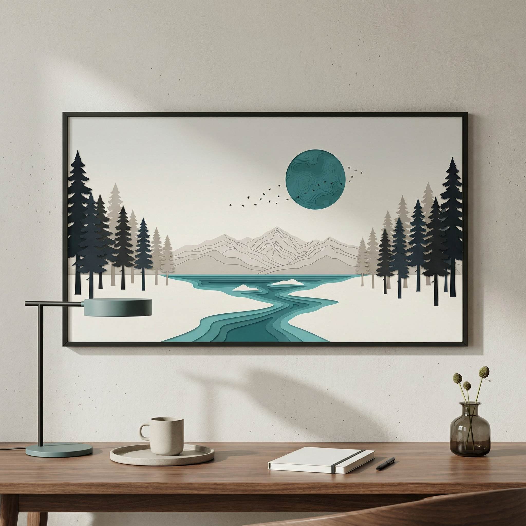 Teal Disc River home office mockup, framed printable wall art above desk area, minimalist workspace styling, teal disc landscape print.