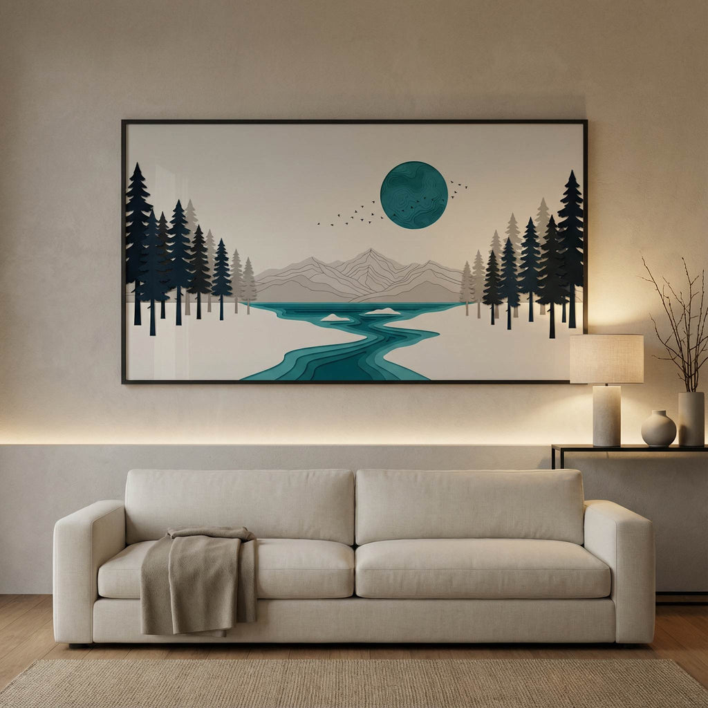 Teal Disc River home office mockup, framed printable wall art above desk area, minimalist workspace styling, teal disc landscape print.