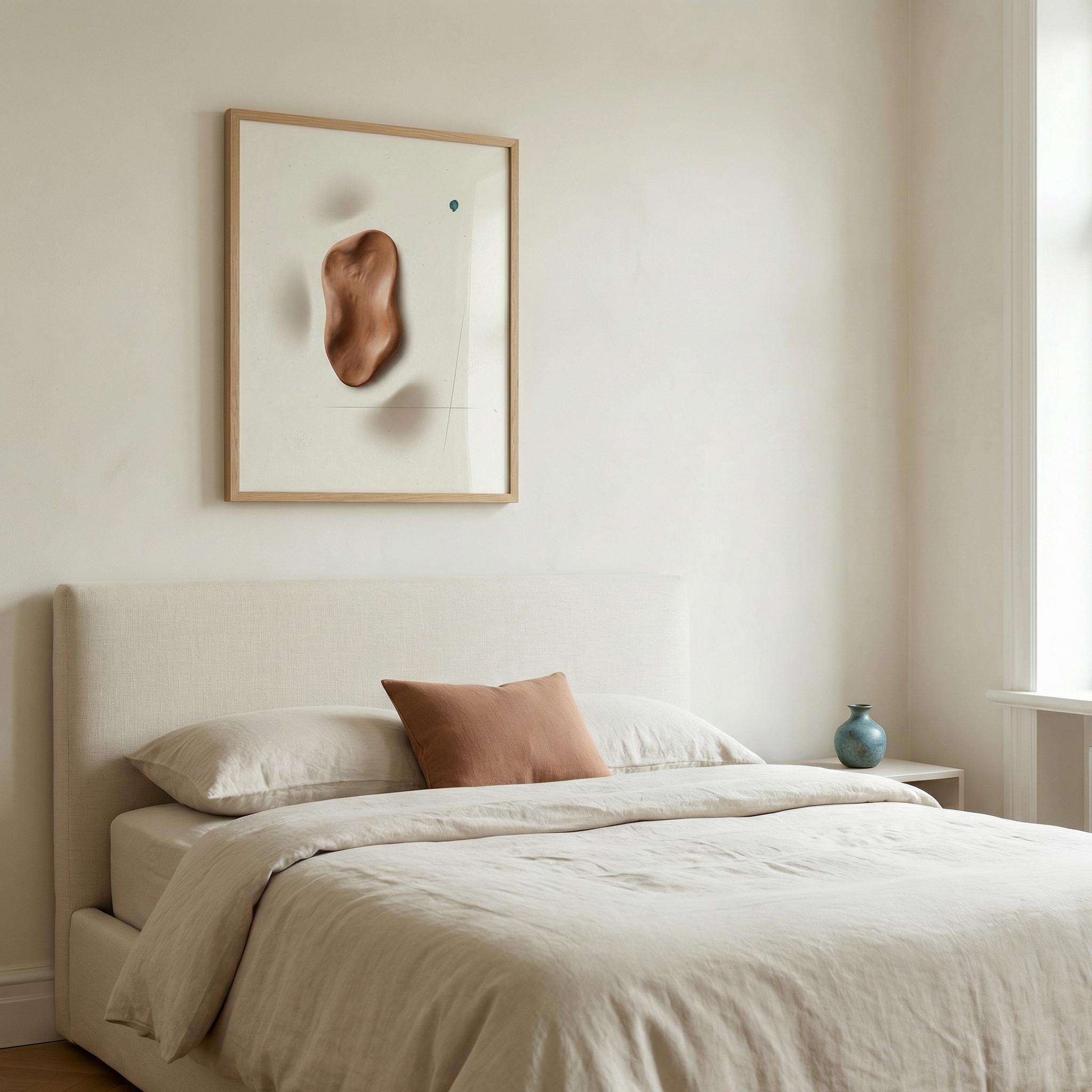 Calm bedroom scale mockup of “Terracotta Relief Drop” framed print centred above the headboard, premium linen textures, soft daylight, uncluttered styling.