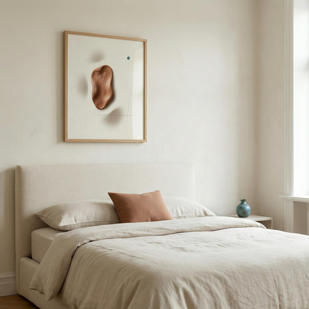 Calm bedroom scale mockup of “Terracotta Relief Drop” framed print centred above the headboard, premium linen textures, soft daylight, uncluttered styling.