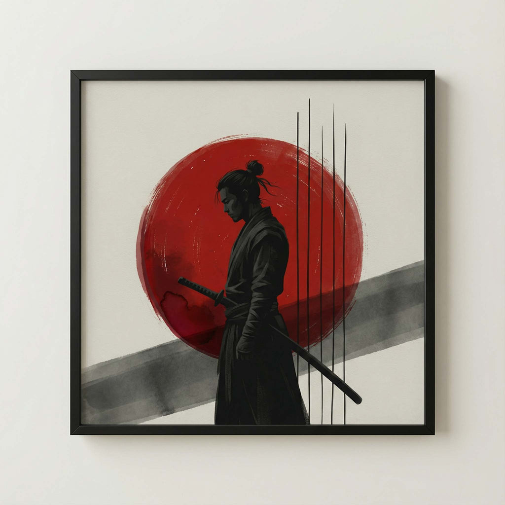 Colour Proof Neutral Daylight, neutral daylight mockup of Crimson Disc Warrior square print, accurate black ink tones and crimson disc on warm off-white wall.