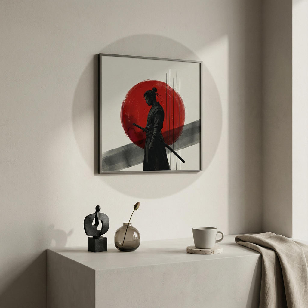 Ultra Premium Editorial, Crimson Disc Warrior square wall art mockup in a modern editorial gallery setting, dramatic shadow band styling, premium minimalist materials.