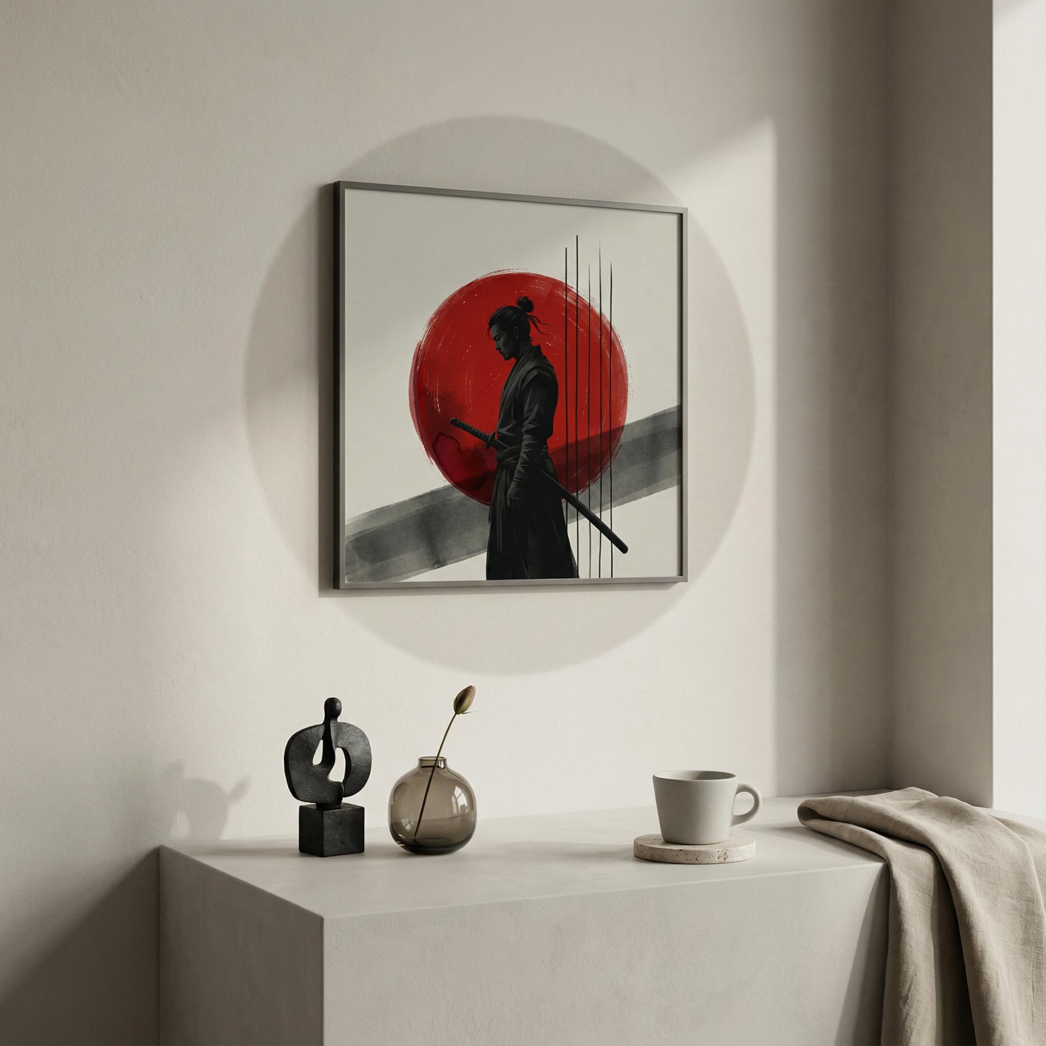 Ultra Premium Editorial, Crimson Disc Warrior square wall art mockup in a modern editorial gallery setting, dramatic shadow band styling, premium minimalist materials.