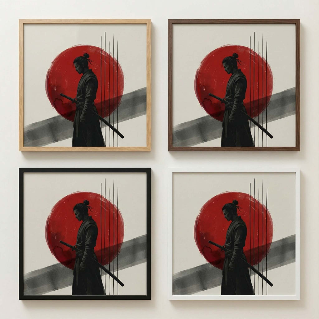 Options Proof Frame Finish Grid, Crimson Disc Warrior square print shown in thin oak, black, white and walnut frames, identical lighting for easy comparison.