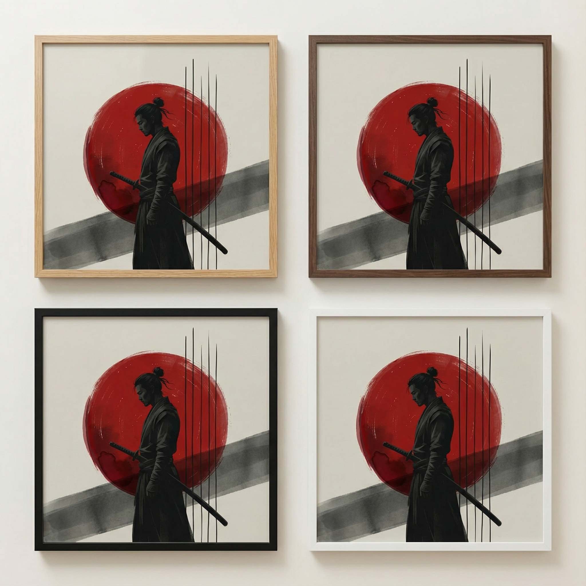 Options Proof Frame Finish Grid, Crimson Disc Warrior square print shown in thin oak, black, white and walnut frames, identical lighting for easy comparison.