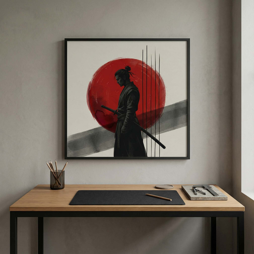 Office or Studio Authority, Crimson Disc Warrior square print mockup above a modern desk, graphic ink warrior silhouette with red sun disc, calm workspace scene.