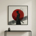 Marketplace Thumbnail Safe Hero, square Crimson Disc Warrior Japandi ink wall art mockup, black warrior silhouette with sword and crimson sun disc on a warm neutral wall.