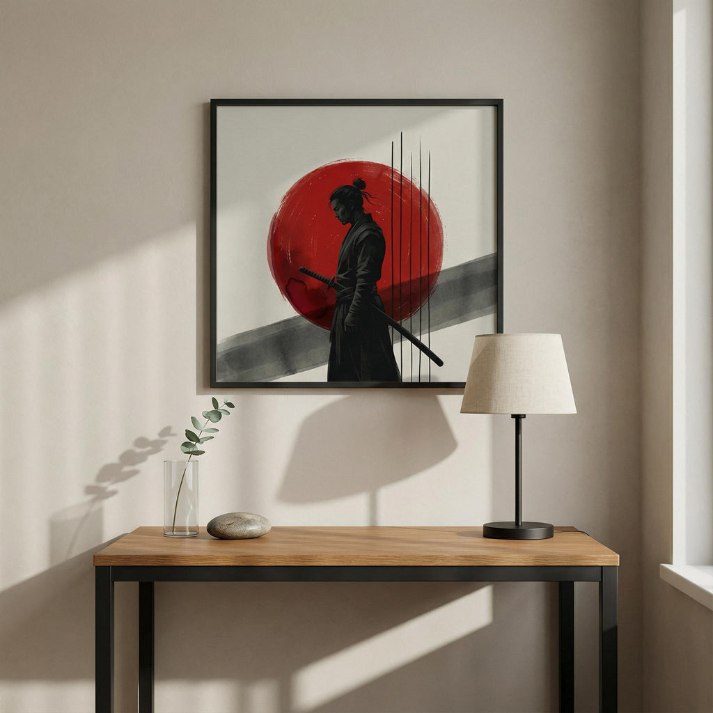 C2 Scale Proof, Crimson Disc Warrior square print mockup above a slim console, shows real room scale and hanging height, black ink silhouette with crimson sun disc.