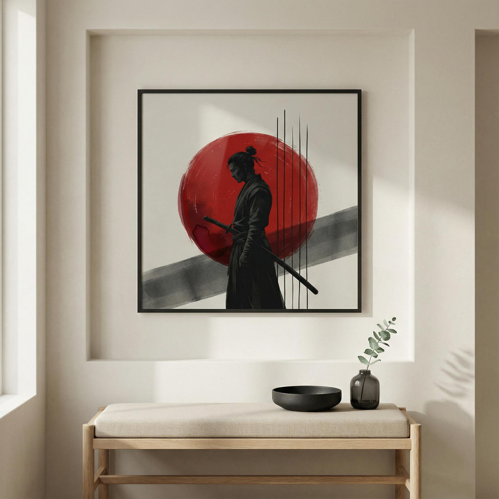 Hero Wall Anchor, Crimson Disc Warrior square wall art mockup above a minimalist sofa, black ink warrior silhouette and red sun disc, Japandi living room styling