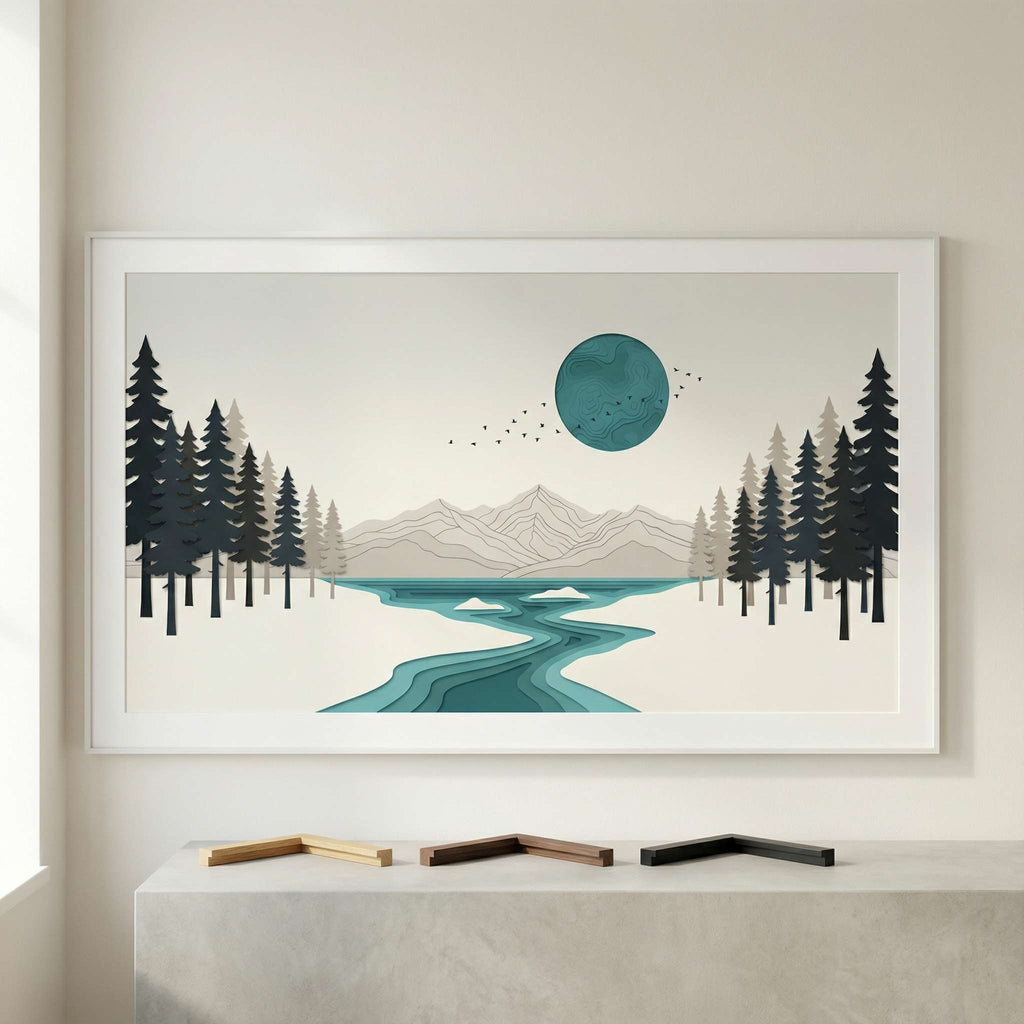Teal Disc River, frame options comparison mockup for printable wall art, same artwork shown in consistent lighting with different frame finishes.