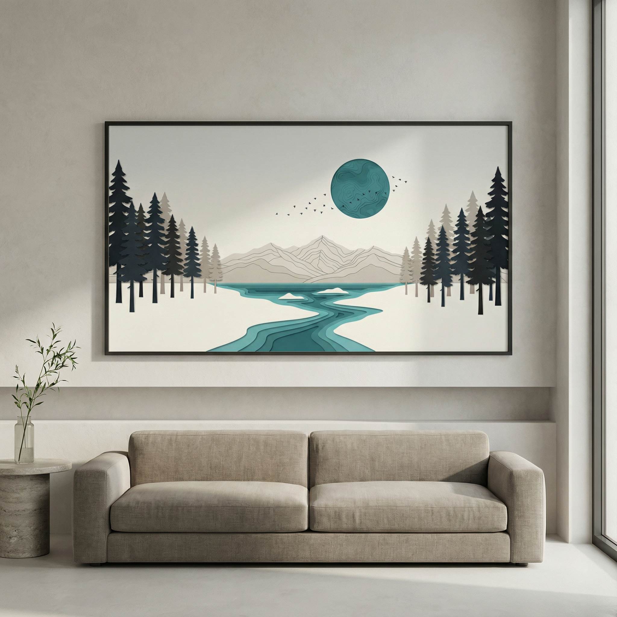 Teal Disc River framed printable wall art mockup above oak console, modern neutral living room, teal disc and river collage landscape.