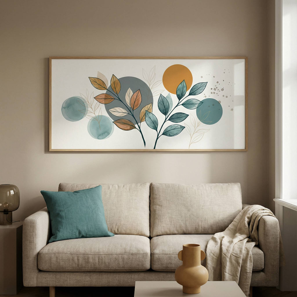 Teal and ochre abstract botanical wall art 21:9 print above sofa, living room mockup