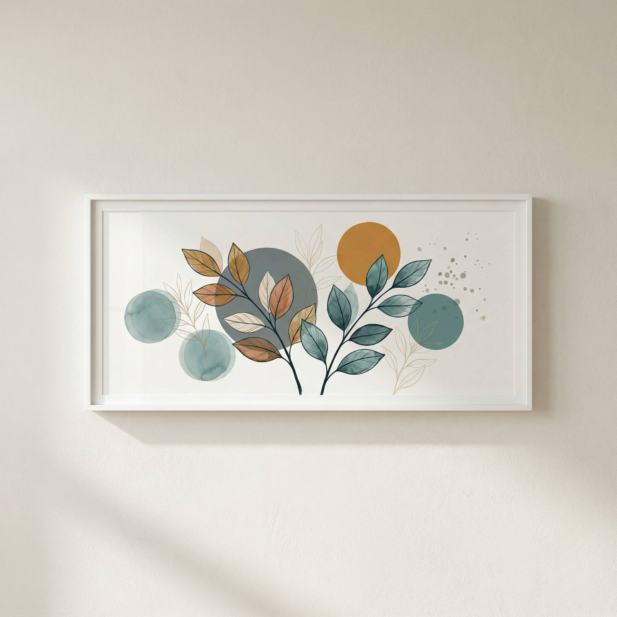Teal and ochre botanical 21:9 wall art in neutral daylight colour proof mockup, minimal setting