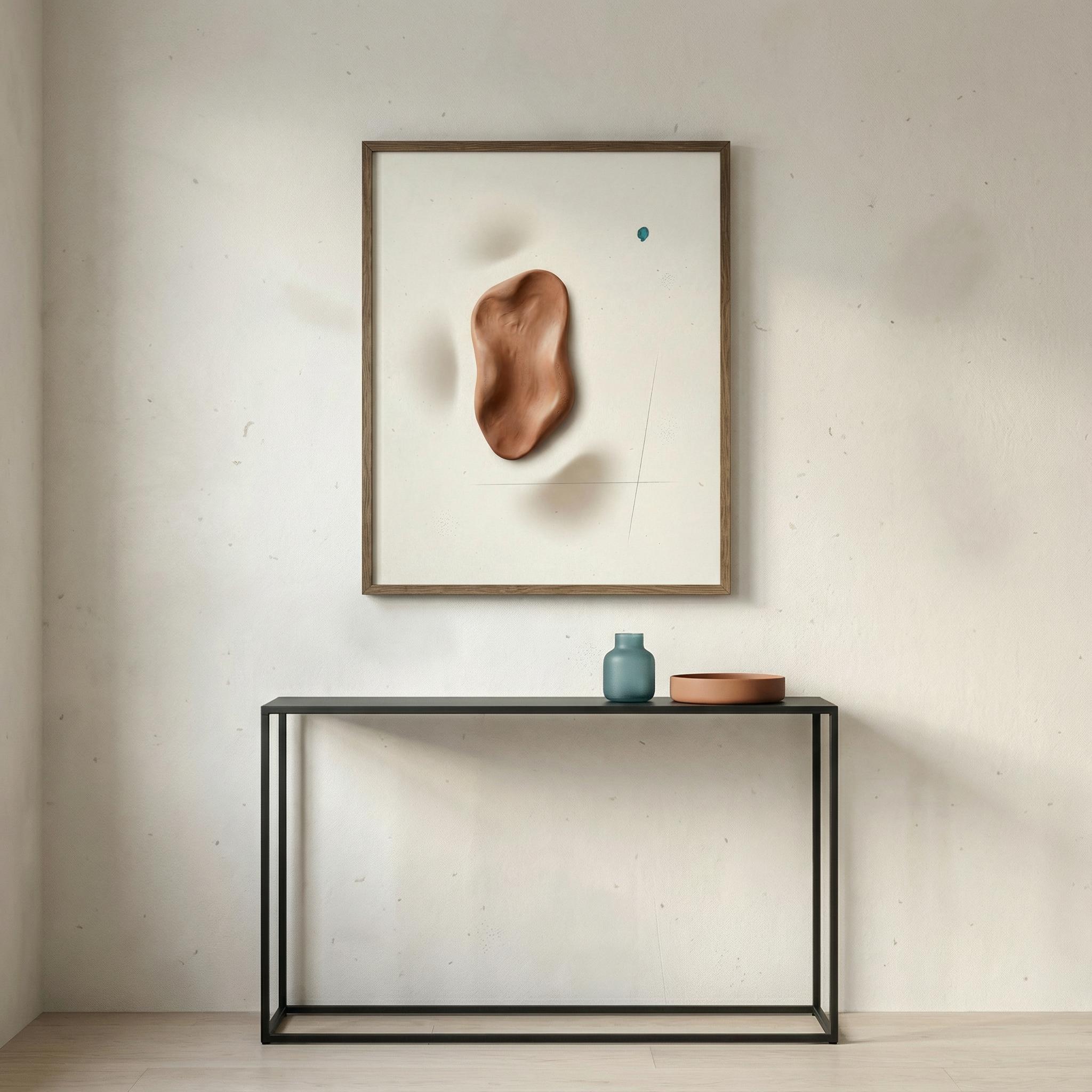 Ultra premium editorial mockup of “Terracotta Relief Drop” framed wall art above a slim console, limewash wall, late afternoon light, restrained patina and terracotta accents.