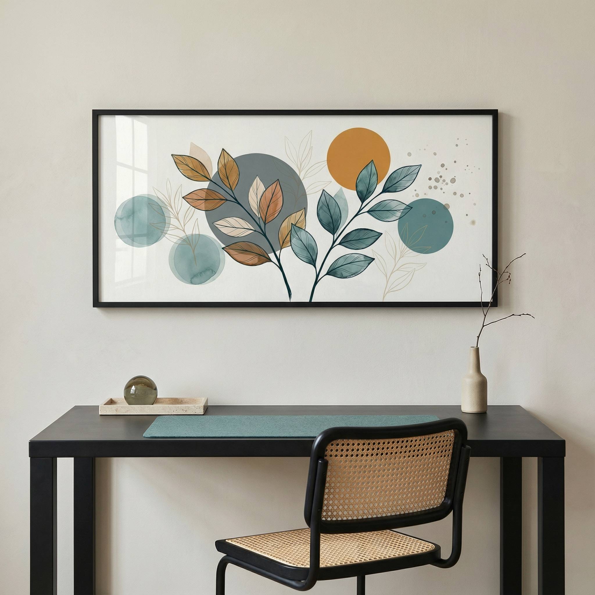 Teal and ochre botanical 21:9 wall art in calm home office mockup above desk, minimalist styling
