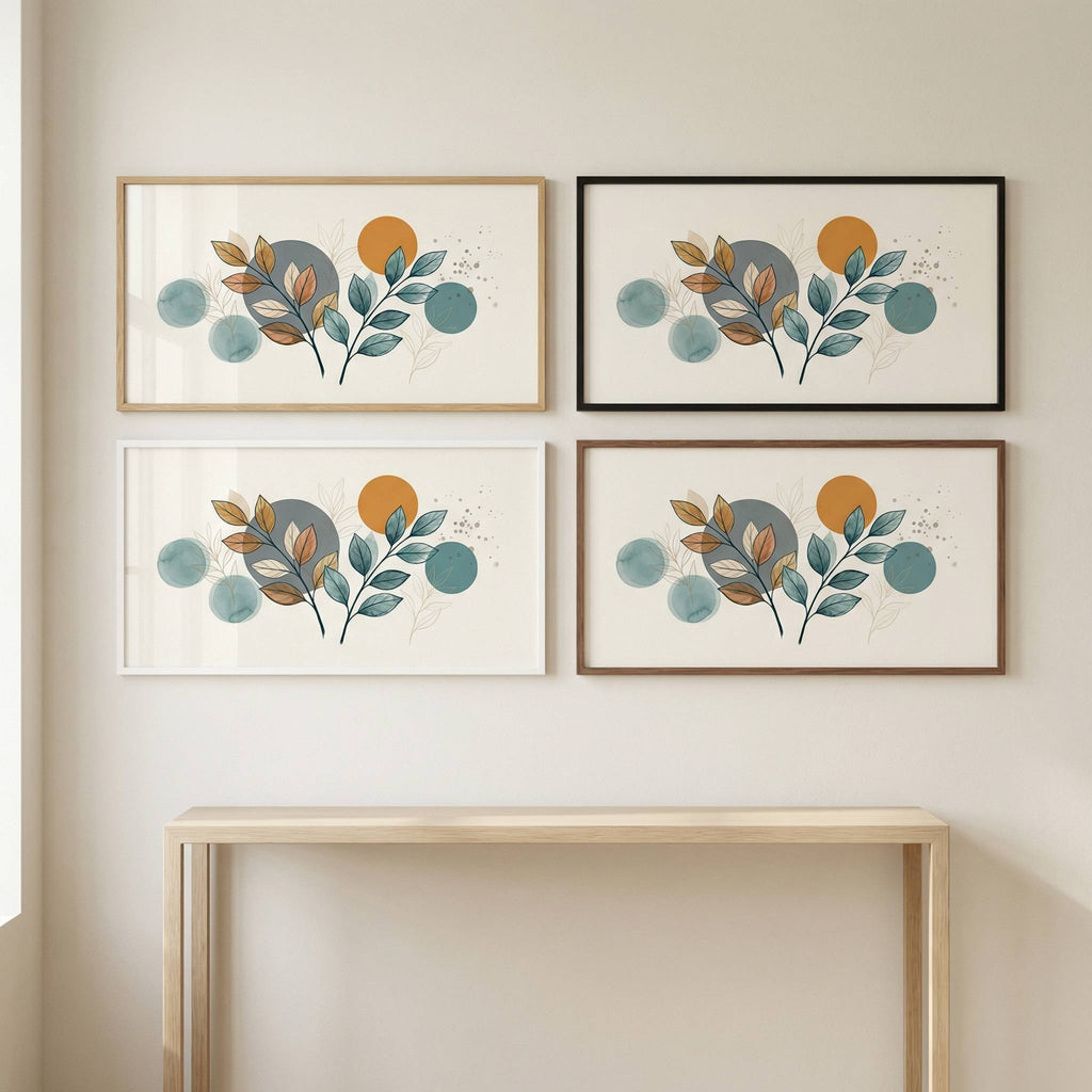 Teal and ochre botanical panoramic wall art in oak, black, white, and walnut frames, options grid mockup