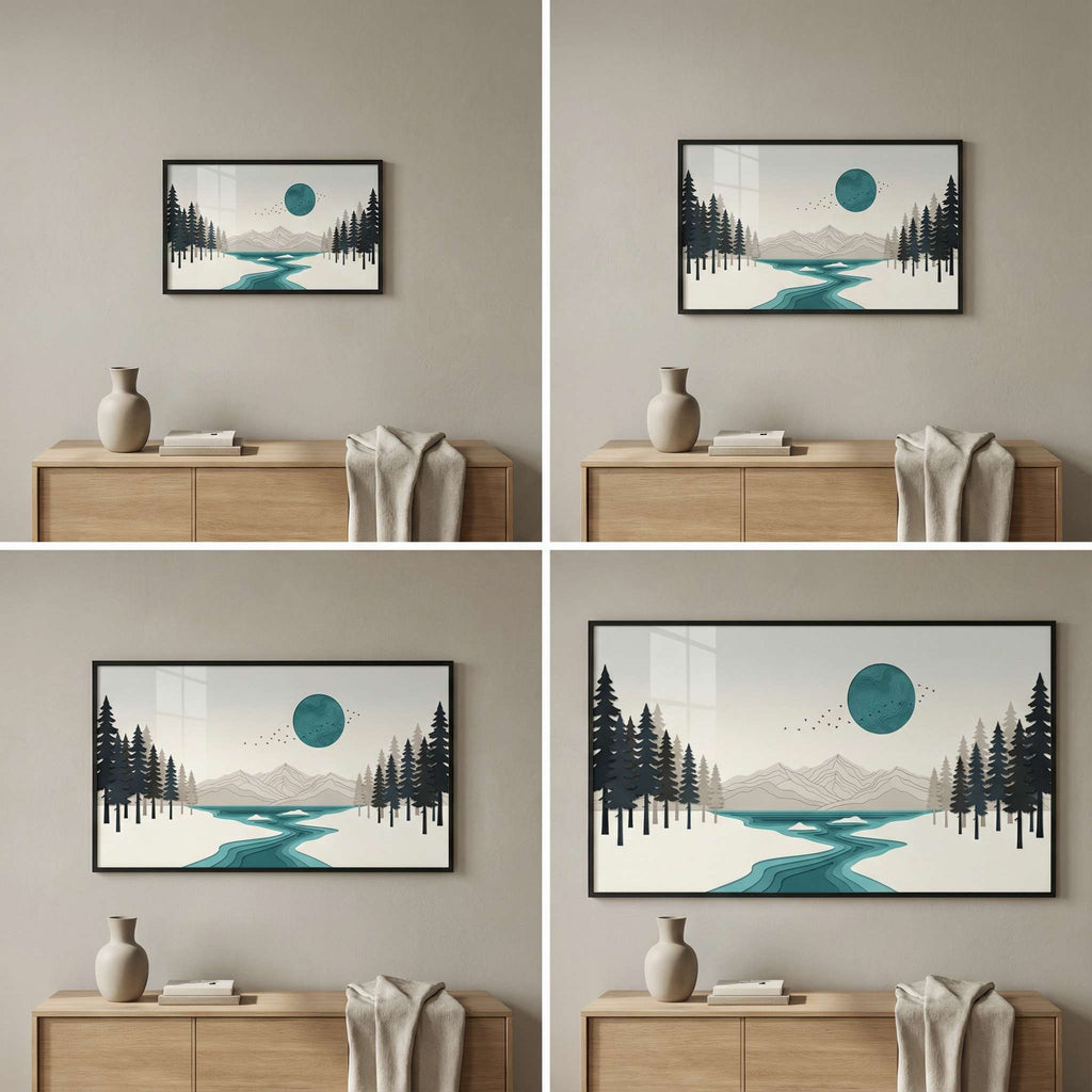Teal Disc River, options proof mockup showing ratio presentation via matting, 16:9 artwork displayed in different frame proportions for comparison.
