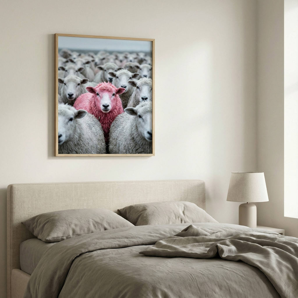Pink Sheep Flock bedroom mockup, framed pink sheep photo print above an upholstered headboard with linen bedding, relaxed neutral tones