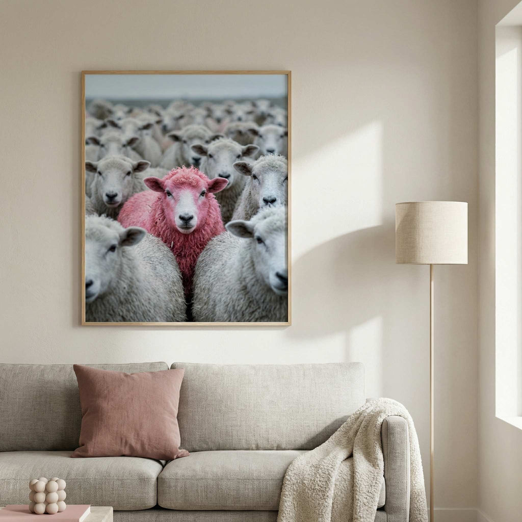 Pink Sheep Flock printable wall art, framed pink sheep photo print above an oak console on a limewash wall, calm neutral modern decor mockup