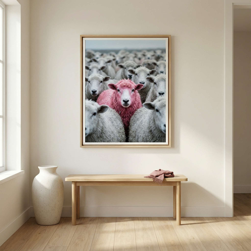 Pink Sheep Flock hallway mockup, framed pink sheep photo print in a clean entryway above a slim bench, soft grey palette with pink accent