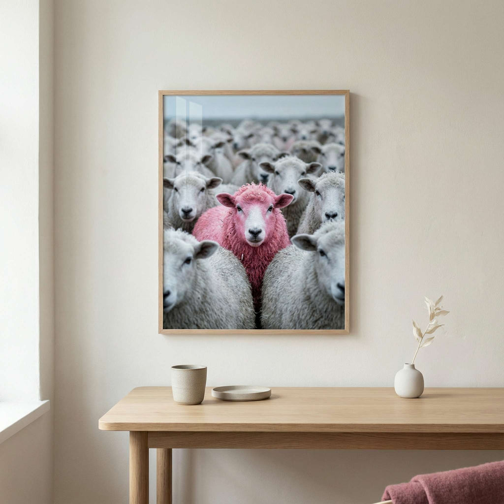 Pink Sheep Flock office mockup, framed pink sheep wall art above a minimalist desk, calm neutral workspace styling, printable animal photography
