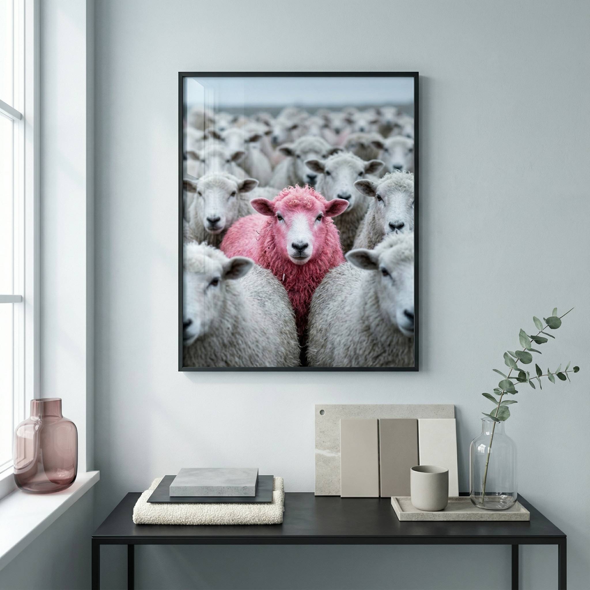 Pink Sheep Flock premium editorial mockup, framed pink sheep wall art above a blackened steel console on a microcement wall, designer styling