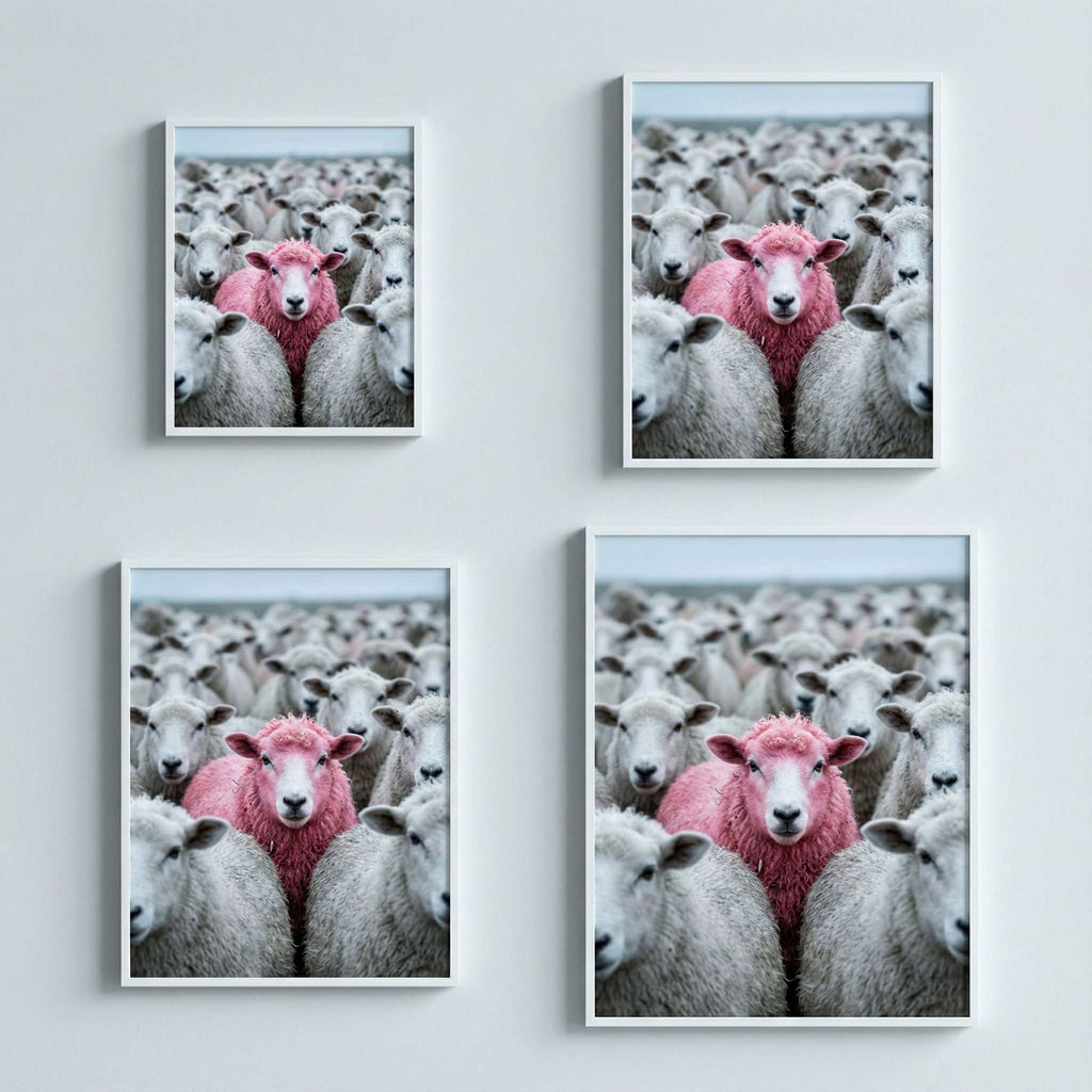 Pink Sheep Flock set mockup, trio of framed pink sheep prints aligned with equal spacing above a linen sofa, modern neutral gallery wall