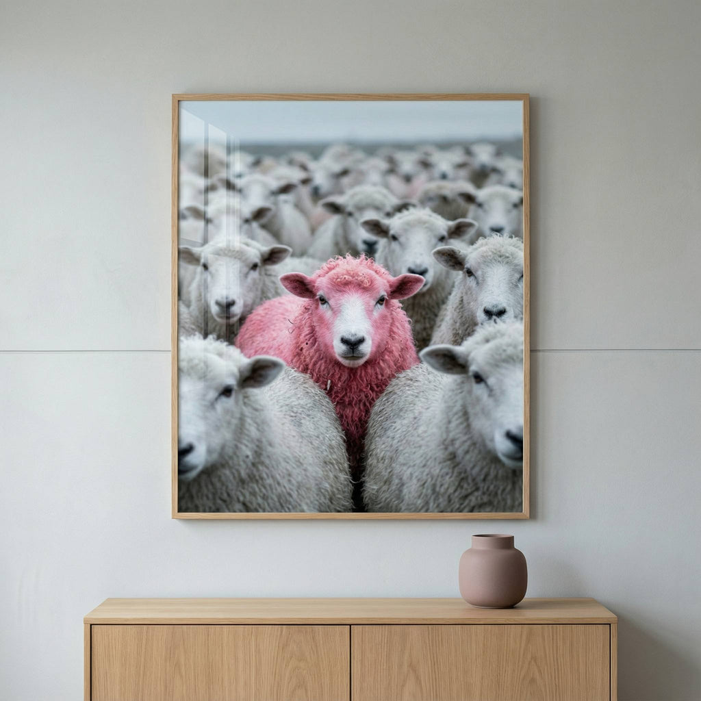 Pink Sheep Flock printable wall art, framed pink sheep photograph staged for scale above furniture, soft grey tones with blush accent, modern home mockup