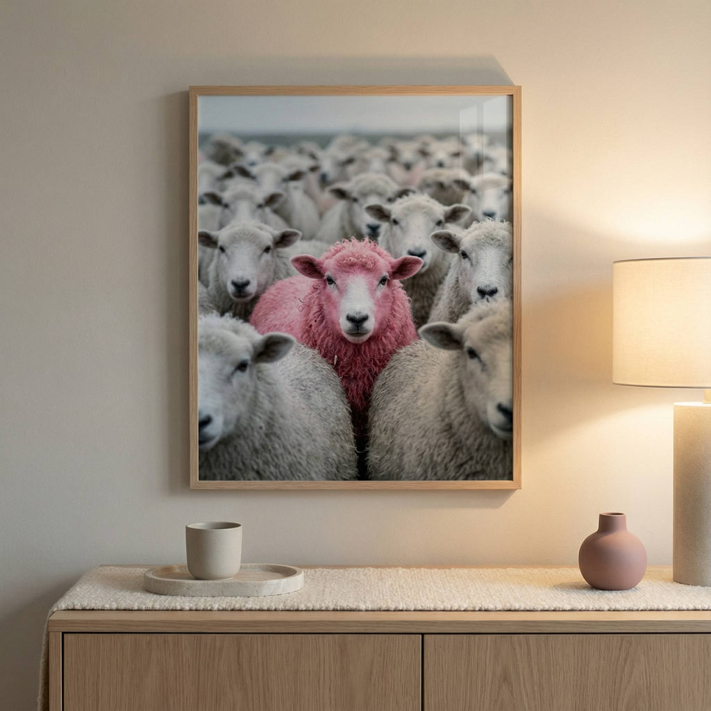 Pink Sheep Flock evening mockup, framed pink sheep wall art lit by warm lamp glow, cosy neutral styling with colour protected insert