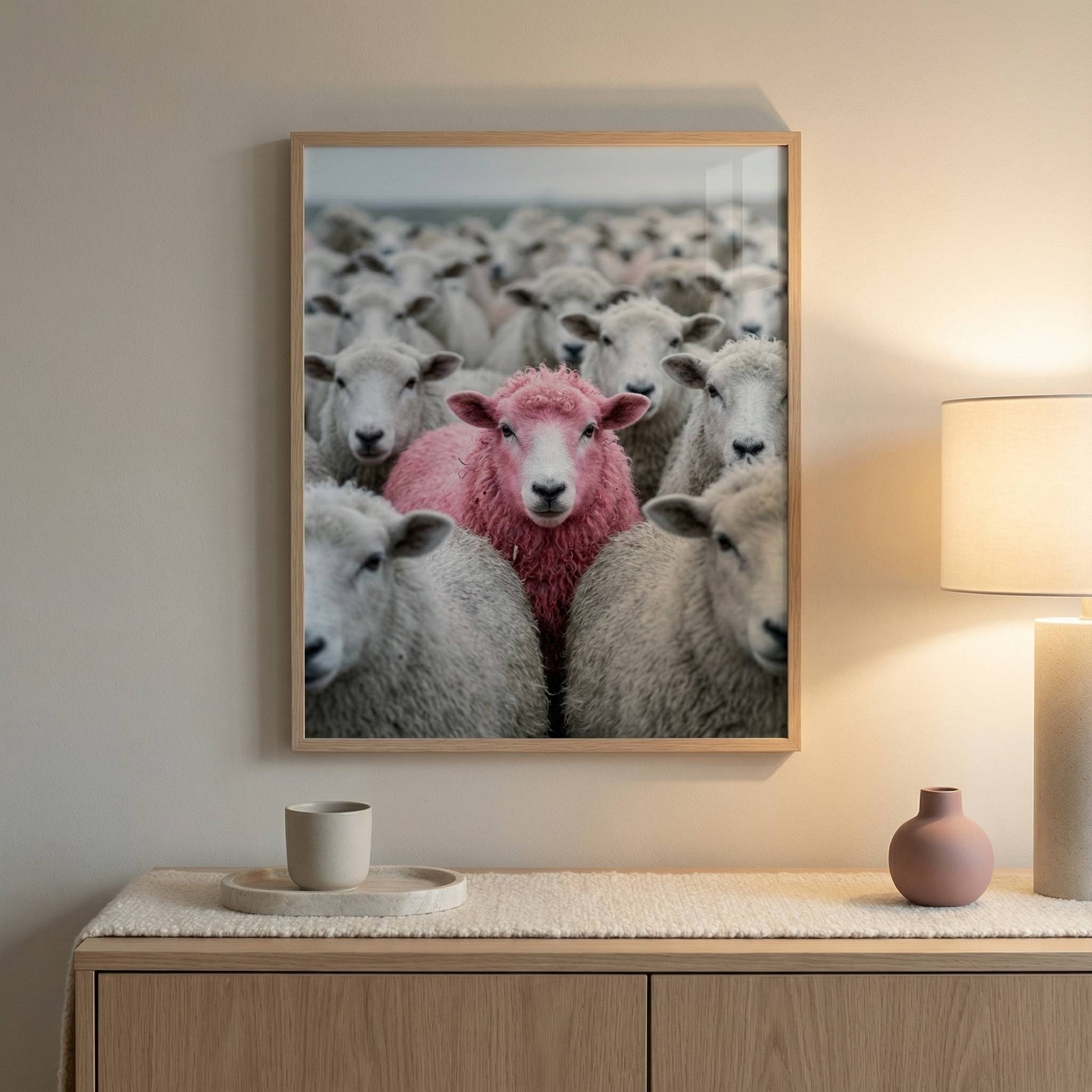 Pink Sheep Flock evening mockup, framed pink sheep wall art lit by warm lamp glow, cosy neutral styling with colour protected insert