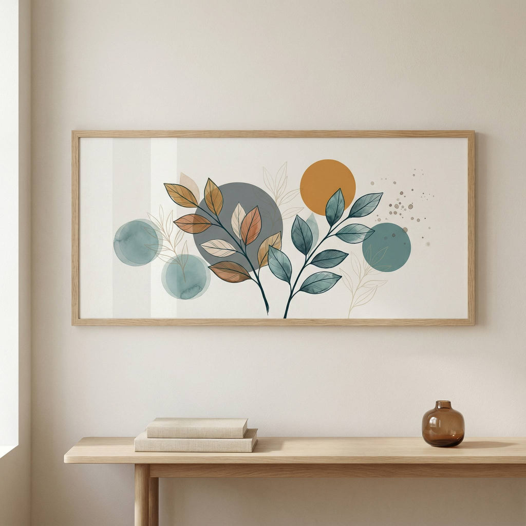 Panoramic teal and ochre botanical wall art above console, scale proof modern interior mockup