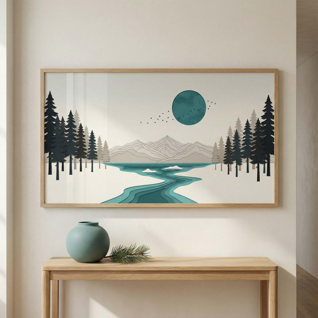 Teal Disc River, thumbnail-safe hero mockup, centred framed printable wall art on neutral wall above console, clear 16:9 teal landscape print.