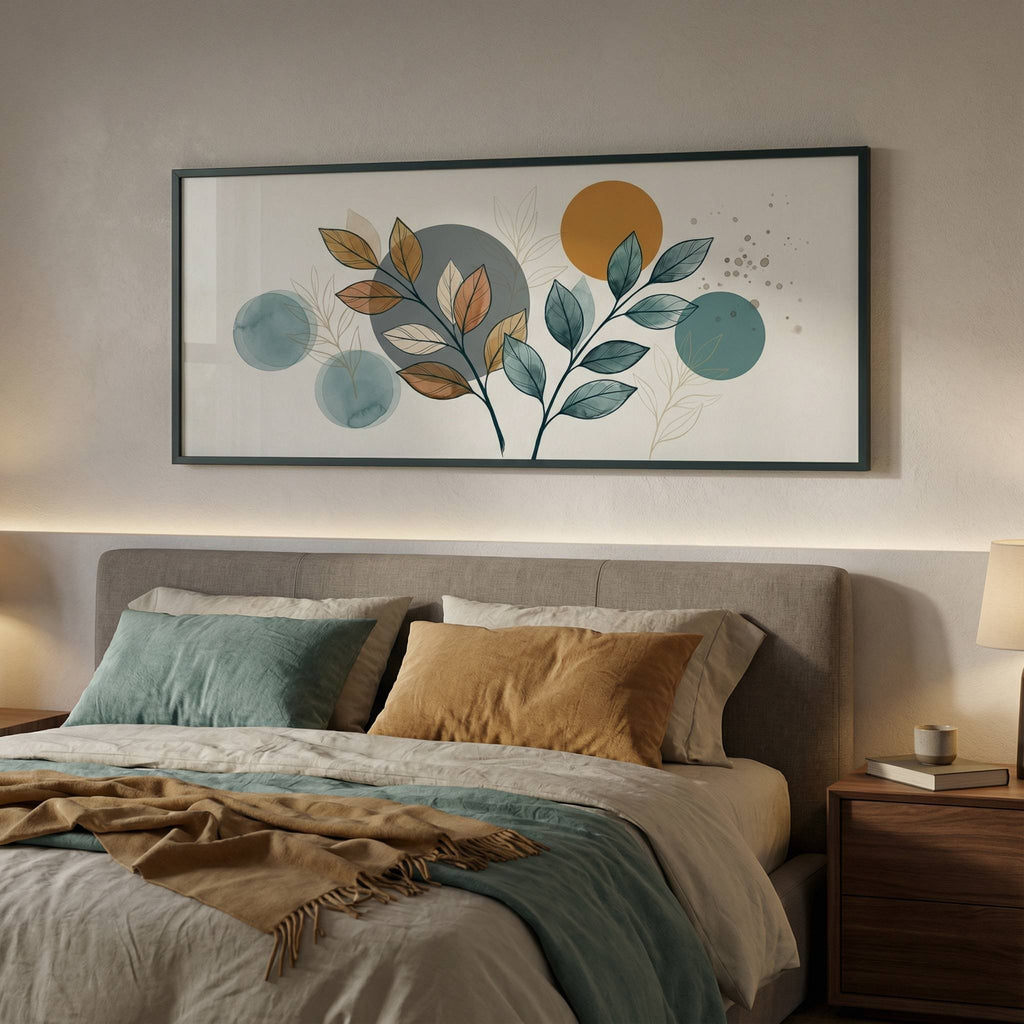 Editorial evening bedroom mockup, teal and ochre botanical panoramic wall art with subtle warm LED glow