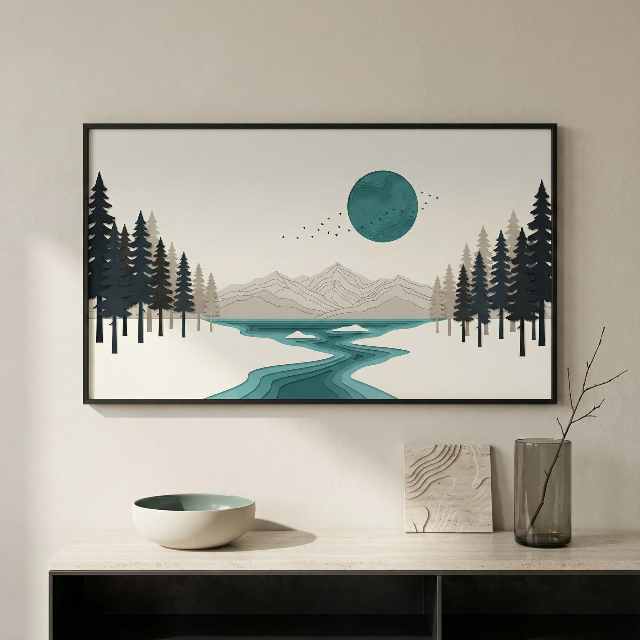 Teal Disc River premium editorial mockup, framed printable wall art above console with sculptural styling, modern neutral interior, teal accents.