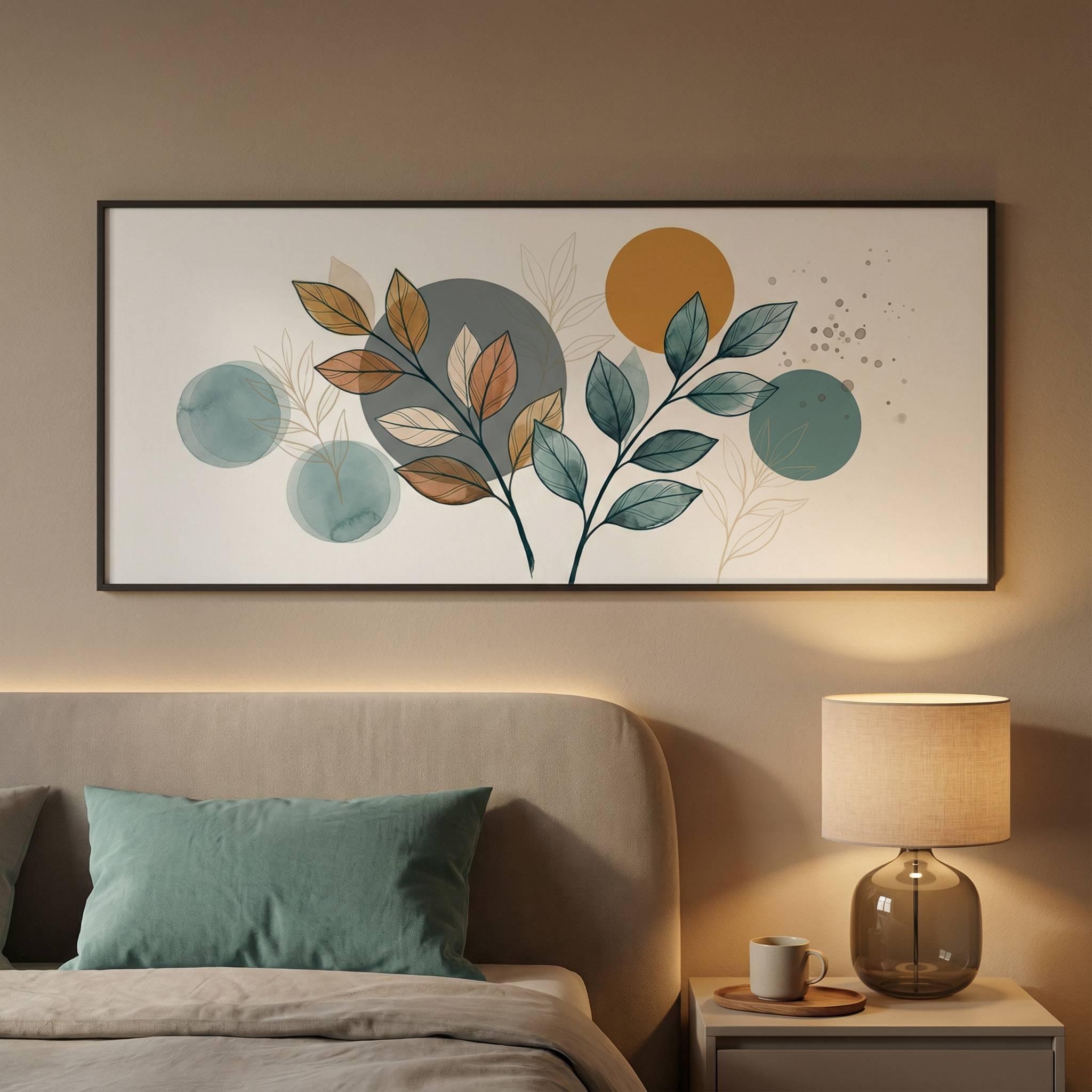 Teal and ochre botanical panoramic wall art in warm evening bedroom mockup with lamp glow, colour safe